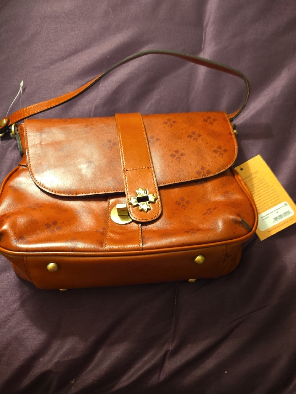 Patricia Nash Cognac Brown Leather Shoulder Bag with Gold Turn-Lock